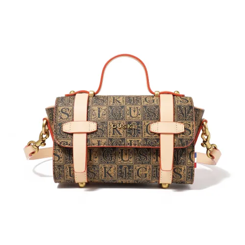 GUSKI Top Grain Cow Leather One Shoulder Handbag Women's Coffee/Beige/Light Green