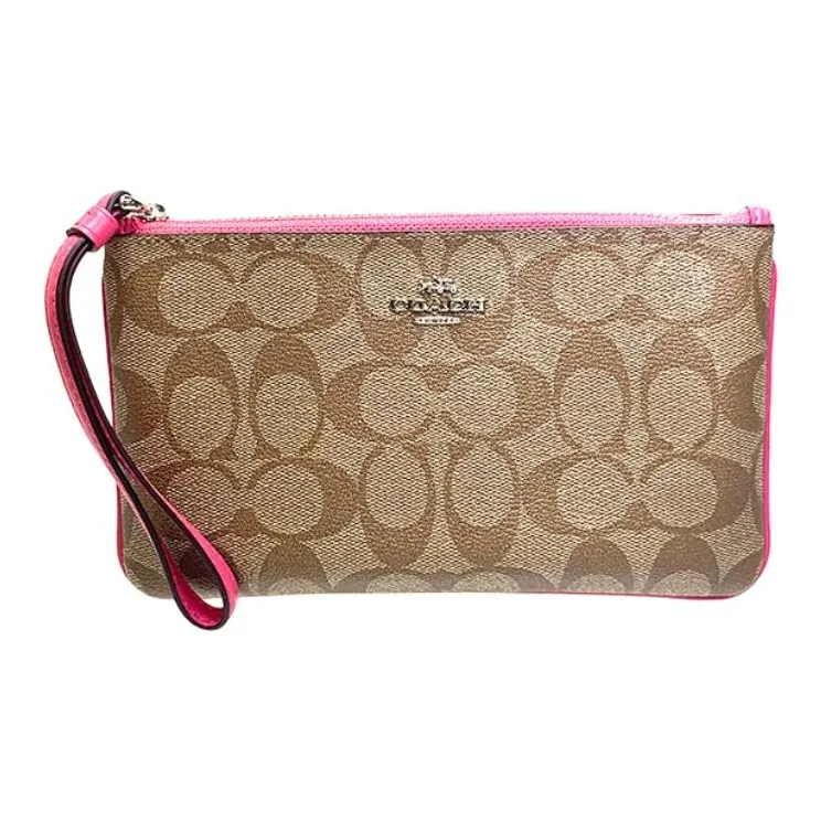 COACH Wristlet Monogram Canvas With Leather Clutch Wrist Bag Pochette Women's Rose Red & Brown Monogram-1