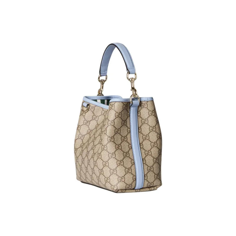 GUCCI GG Emblem Coated Fabric Bucket Bag, One Shoulder Handbag Trumpets Women's Beige & Dark Brown-2