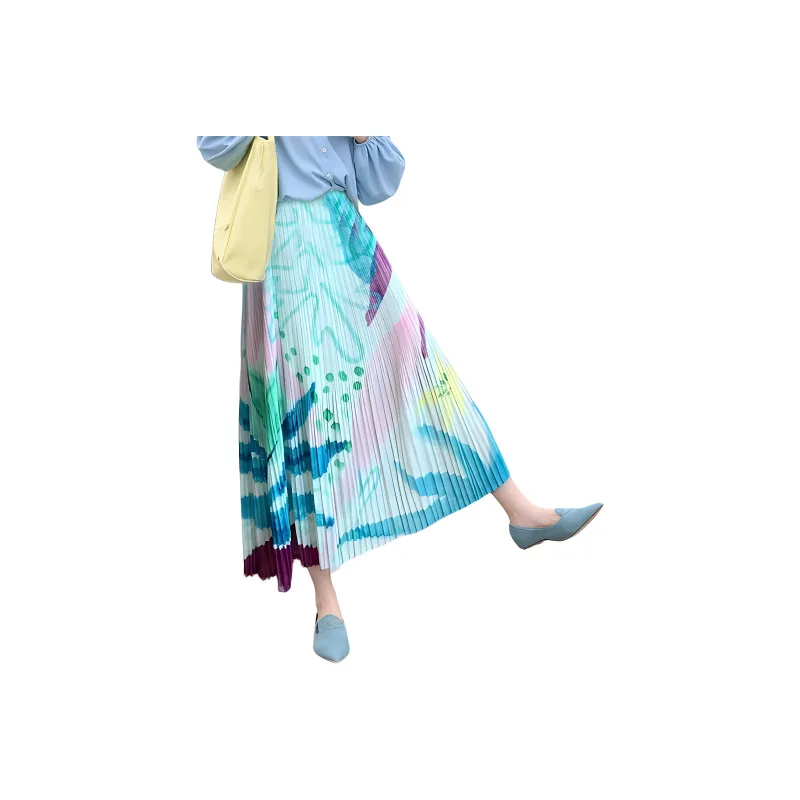 Wbwq Casual Long Skirt Women's Blue Floral-0
