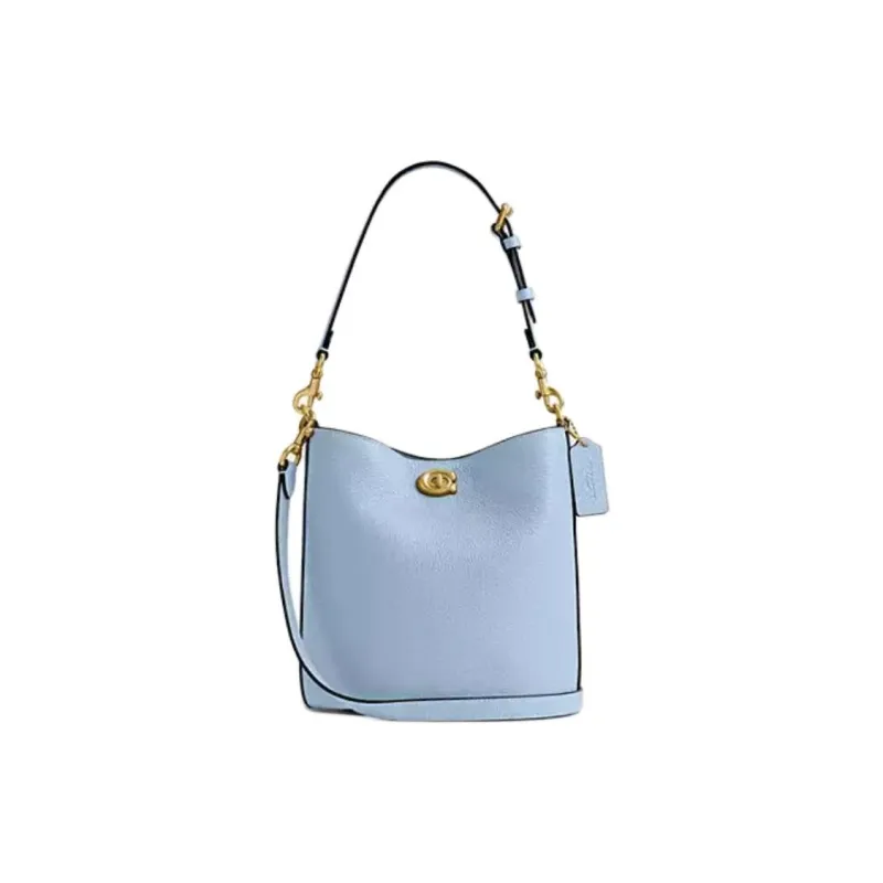 COACH Willow Polished Pebble Leather Bucket Bag, Crossbody Handbag, Shoulder Bag Trumpets Women's Blue-0