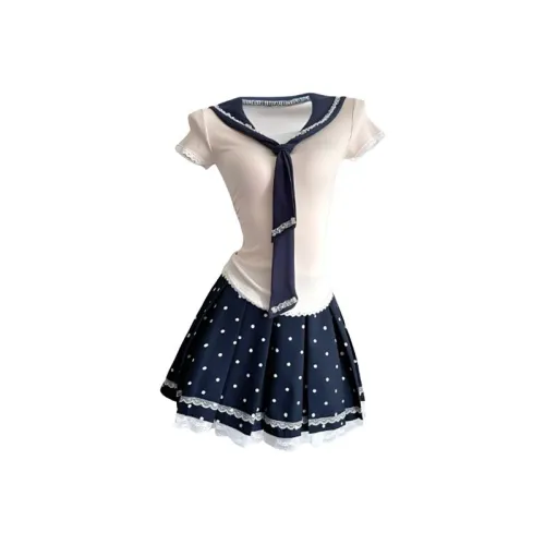 TIBINB Two Piece Skirt Sets Women's Top With Tie, Pleated Skirt