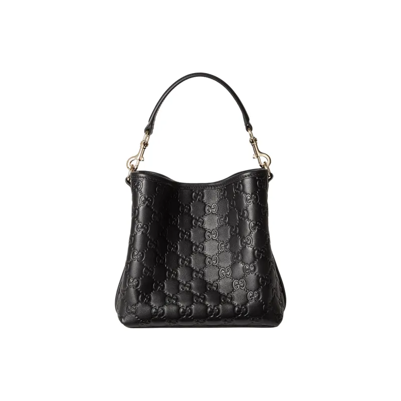 GUCCI GG Emblem Leather Bucket Bag, One Shoulder Handbag Trumpets Women's Black-3