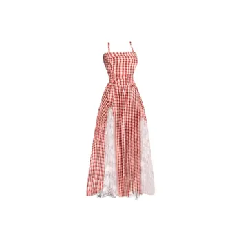 GUOZHEN Slip Dresses Women's Red Plaid
