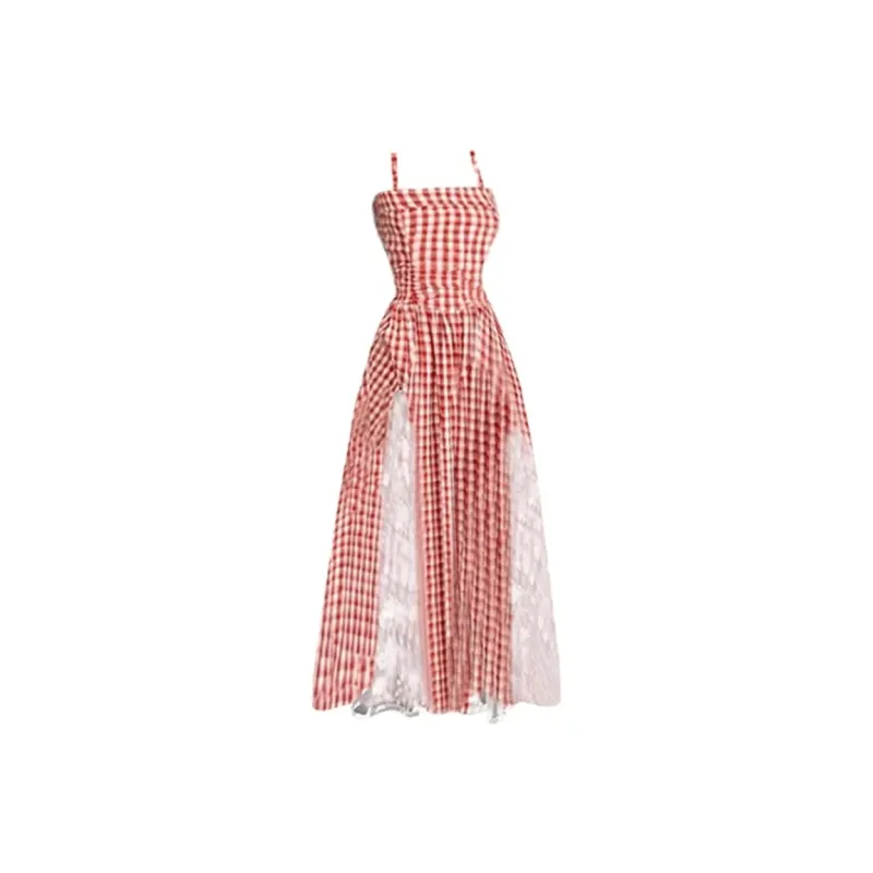 GUOZHEN Slip Dresses Women's Red Plaid-0