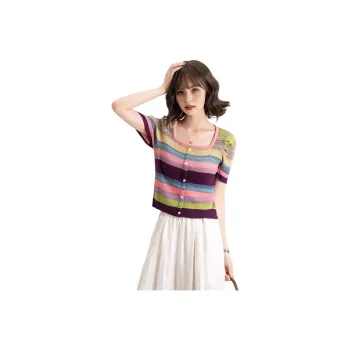 FAWENXIANGZI Crop Tops Women's Pink+Purple Blend