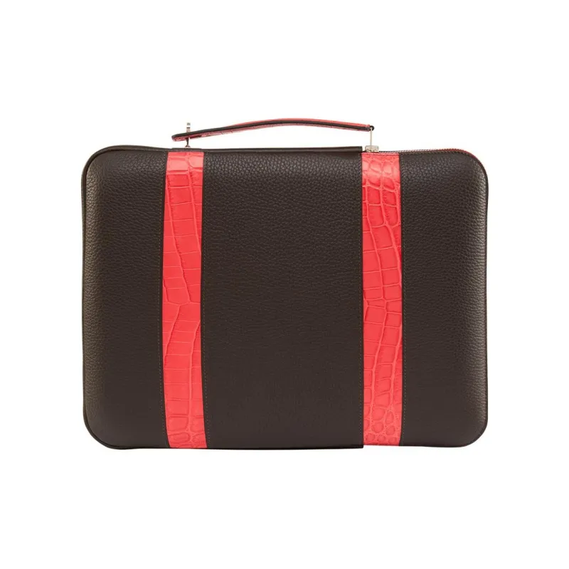 HERMES Little Bull Leather Portable Briefcase Unisex Ebony & Rhododendron Red-0