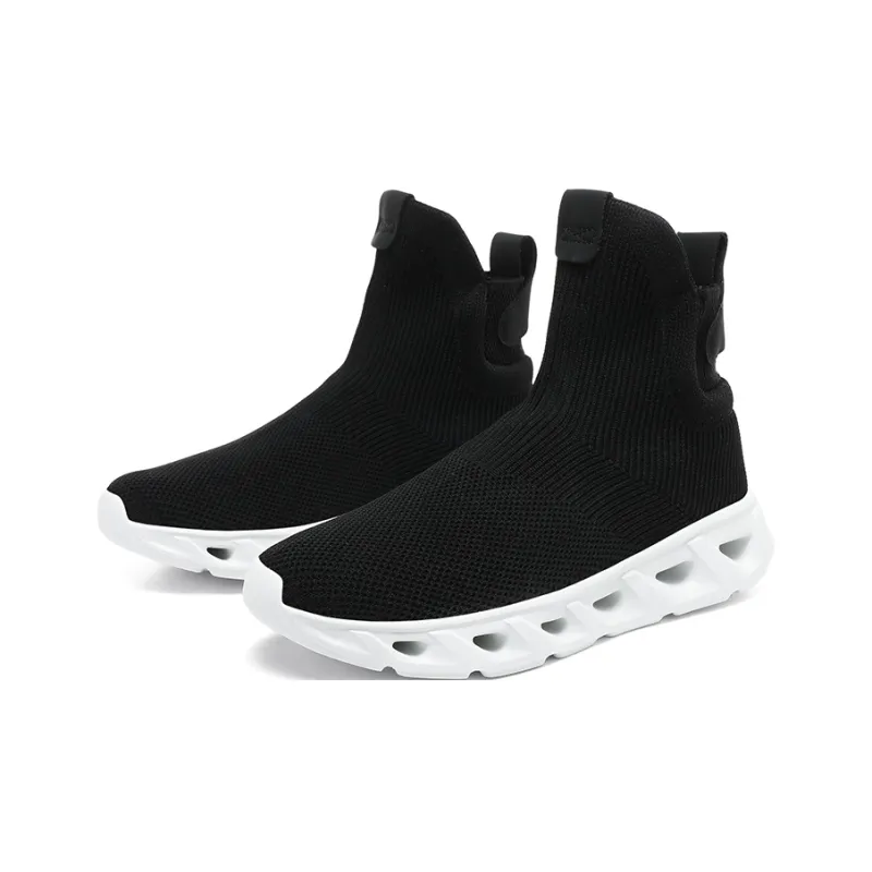 Kuding Casual Shoes Men High Top All Black White-3