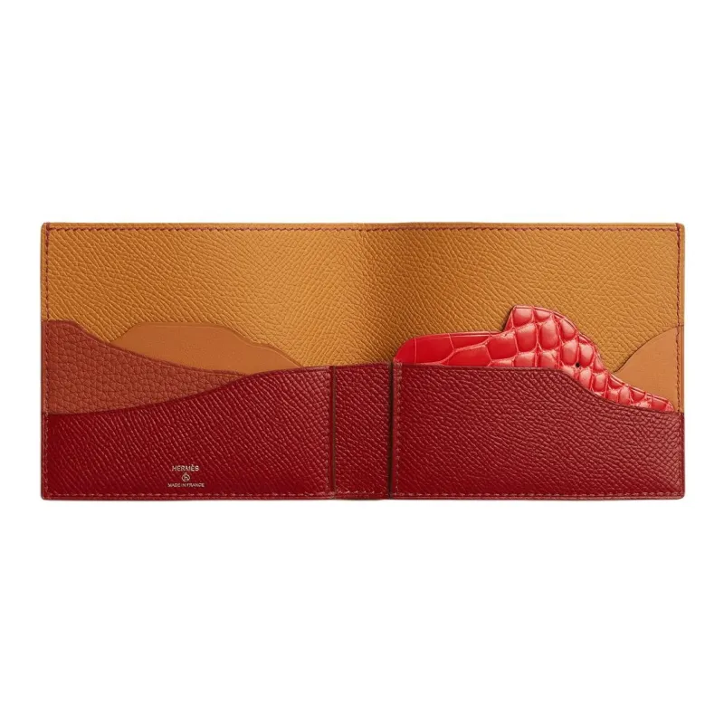 HERMES HISTOIRE NATURELLE Calfskin With Mysore Goat Skin And Crocodile Leather Wallet Unisex Red-1