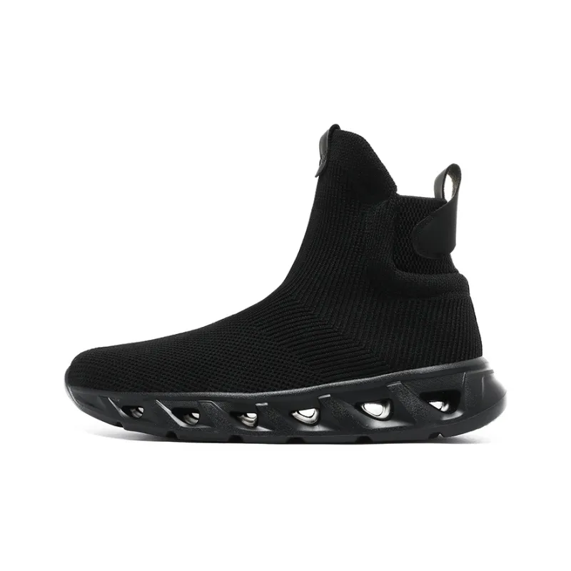 Kuding Casual Shoes Men High Top All Black White-7