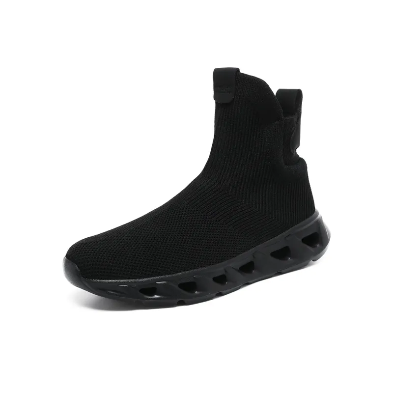 Kuding Casual Shoes Men High Top All Black White-8