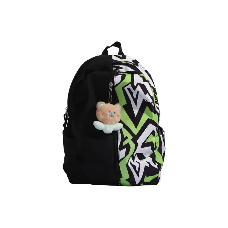HCXK Nylon Fabric Backpack Regular Unisex Black White/Black Green-0