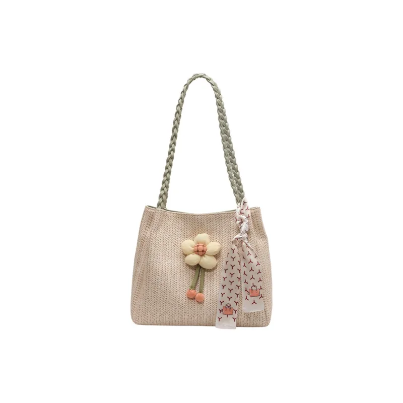 Land Gulls Woven Tote Bag, Shoulder Bag Women's Ecru/Green-1