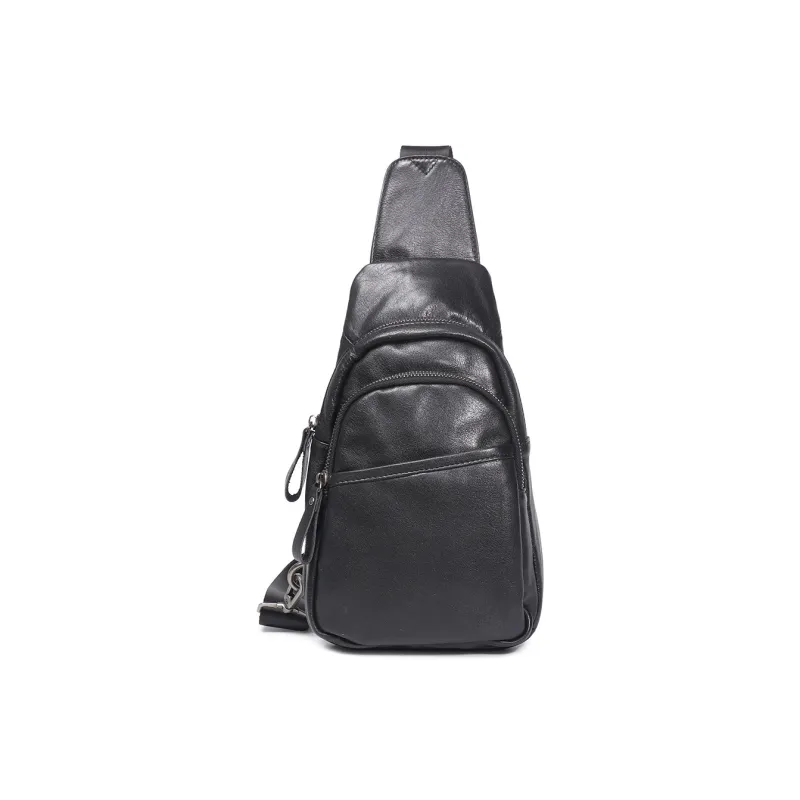 DOSRFINI Top Grain Cow Leather One Shoulder Crossbody Bag, Sling Bag Men's Black-0