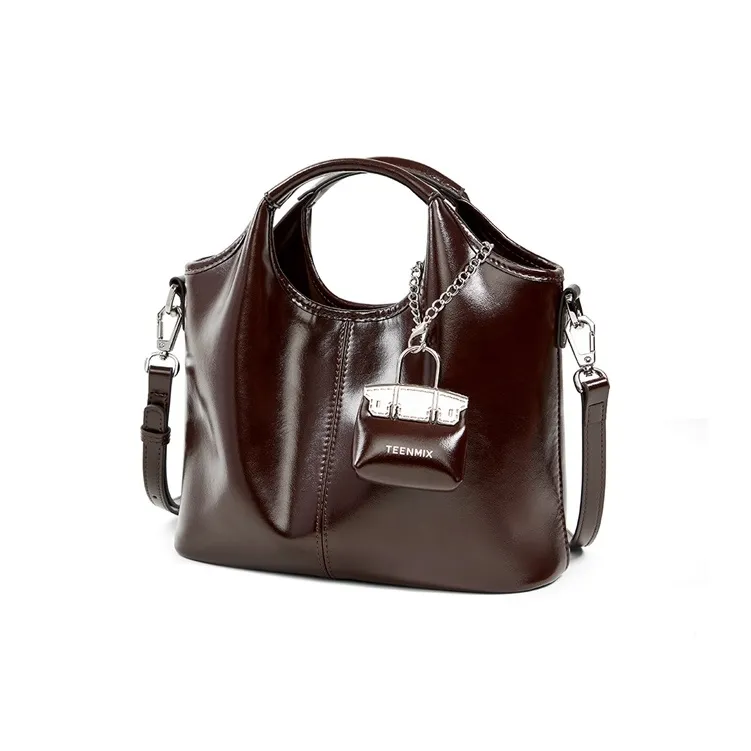 Teenmix Split Cow Leather Shoulder Bag, Crossbody Bag, Handbag Medium Size Women's Black/Coffee-8