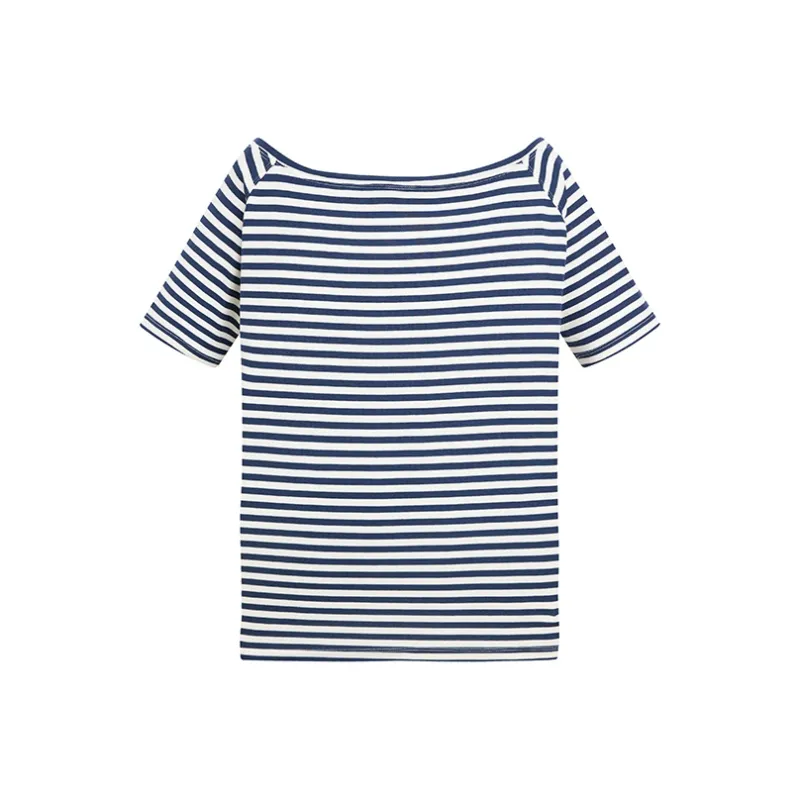 HEYABC T Shirts Women's Sky Blue Stripes Asymmetrical Shoulder-1