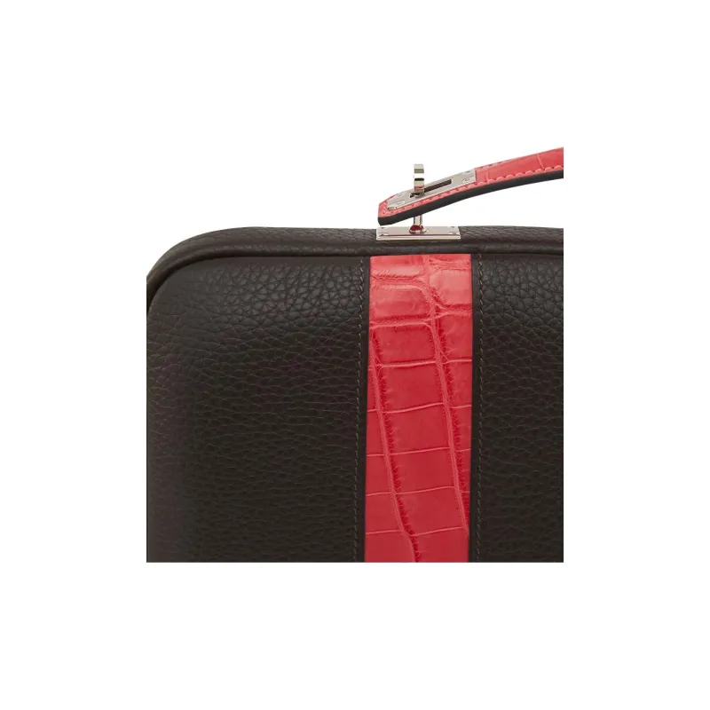HERMES Little Bull Leather Portable Briefcase Unisex Ebony & Rhododendron Red-2