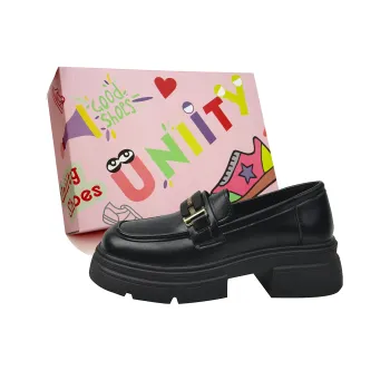 UNIITY Platform Height Increasing British Style Vintage Deep Toe Loafers Women's Black