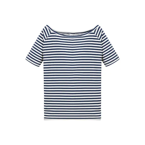 HEYABC T Shirts Women's Sky Blue Stripes Asymmetrical Shoulder