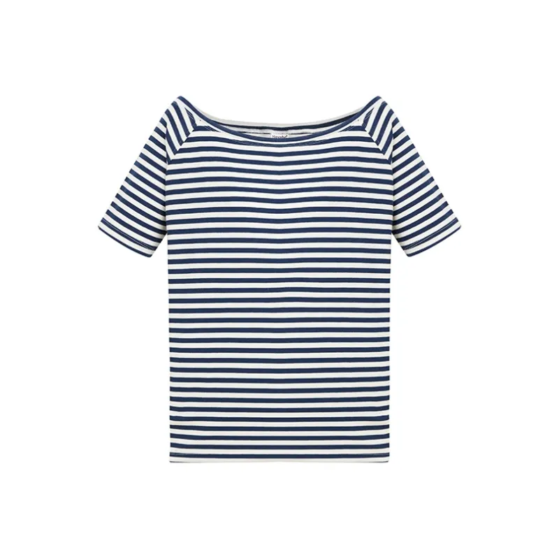 HEYABC T Shirts Women's Sky Blue Stripes Asymmetrical Shoulder-0