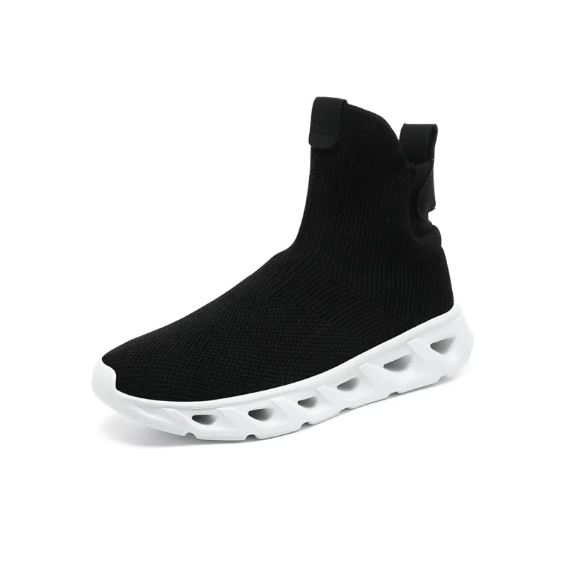 Kuding Casual Shoes Men High Top All Black White-1