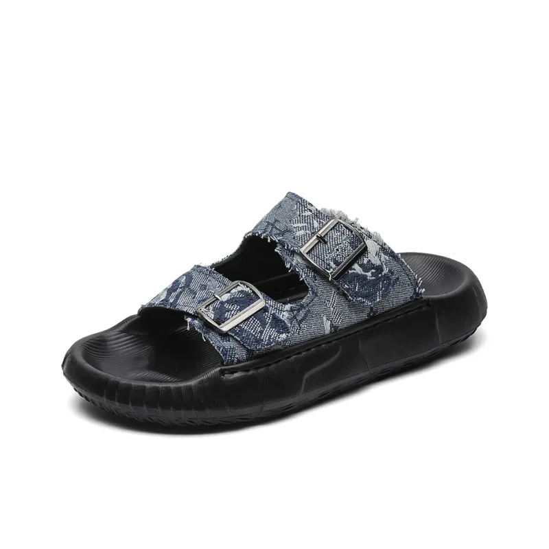 QIUTEXIONG Beach Sandals Men's Dark Blue Denim-1