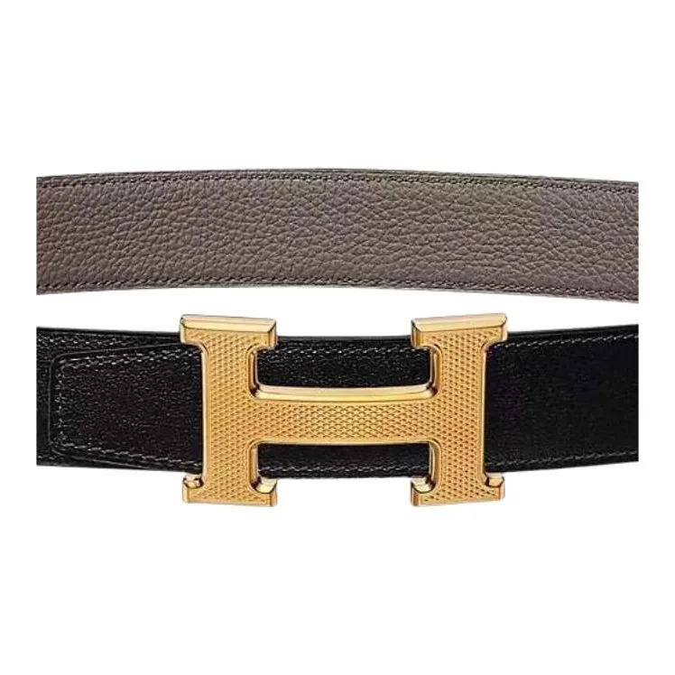 HERMES H Guillochee Togo Calfskin Belt Leather Belts Men's Black/Tin Gray Width  3.2cm-1