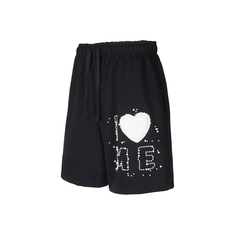 American Trendy Brand Bead Heart Letter Elastic Waistband Casual Shorts Unisex-2