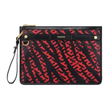 VERSACE Canvas With Leather Crossbody Bag Clutch Regular Unisex Black & Red