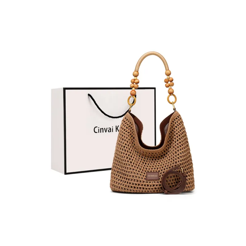 CinvaiKrose Fabric Shoulder Bag, Crossbody Bag, Ethnic Style Tote Medium Size Women's Ecru/Khaki-6