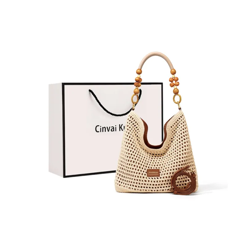 CinvaiKrose Fabric Shoulder Bag, Crossbody Bag, Ethnic Style Tote Medium Size Women's Ecru/Khaki-0
