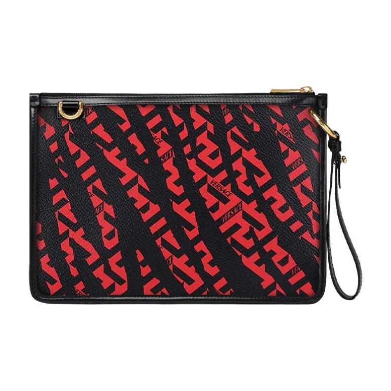 VERSACE Canvas With Leather Crossbody Bag Clutch Regular Unisex Black & Red-2
