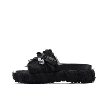GG CC Fringe Slip Resistant Abrasion Resistant Fashion Slide Slippers Women's Black