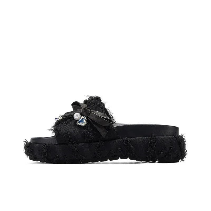 GG CC Fringe Slip Resistant Abrasion Resistant Fashion Slide Slippers Women's Black-0
