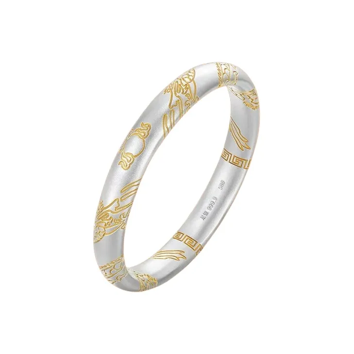 YINI Pure Silver 999.9 Sterling Silver Coiled Dragon Playing Bangle Women's-4