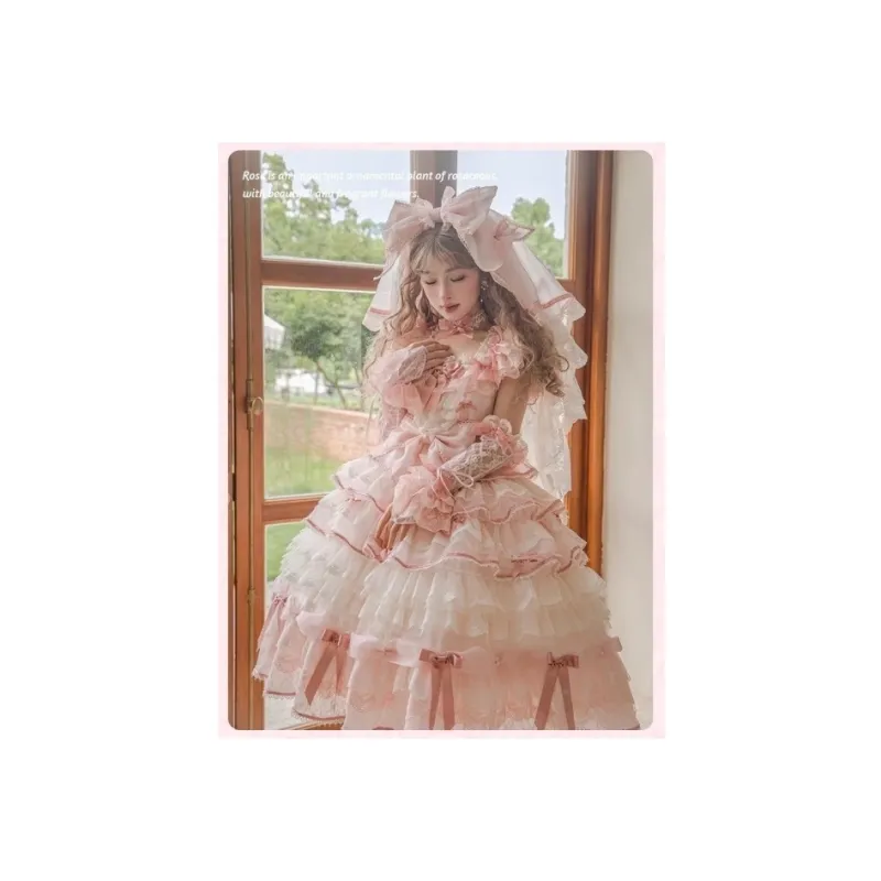 OUTDOORPRINCE Lolita Fashion Women's OP+Veil+Sleeves+Inner Pink Large Full Set-3