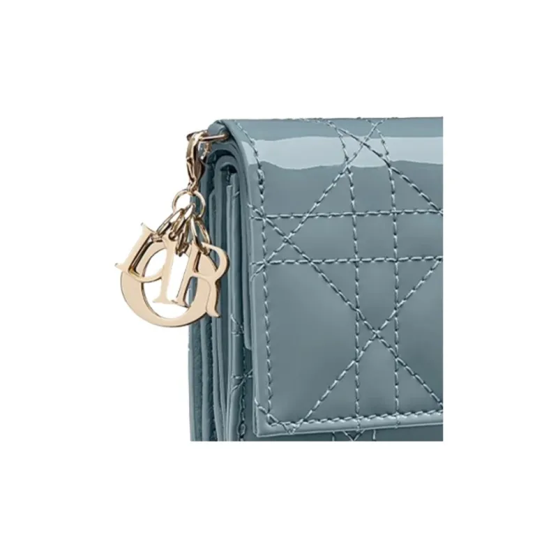 DIOR Lady Dior Patent Leather Calfskin Wallet, Card Holder Women's Gray Blue-5