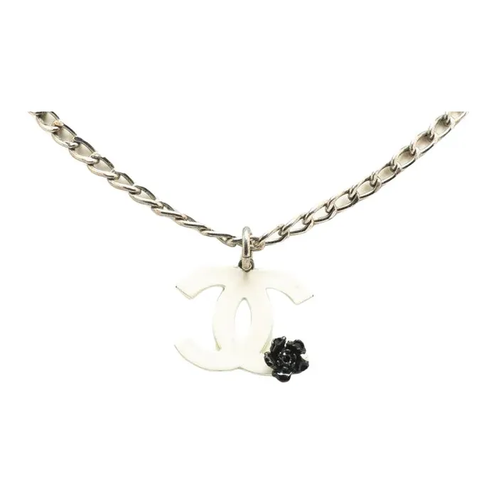 CHANEL 2004 Plated Resin Cc Camellia Charm Necklace Costume Necklace-0