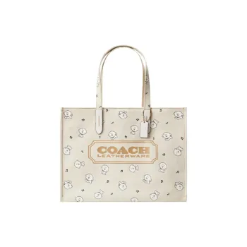 COACH X Never's Family Collaboration Julia Fabric One Shoulder Handbag, Tote Bag Large Size Women's Beige