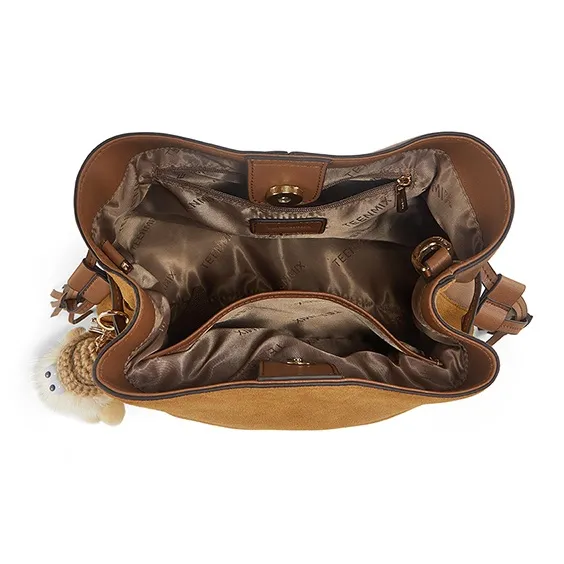Teenmix Cowhide Split Leather Bucket Bag, Crossbody Bag, Shoulder Bag Medium Size Women's Brown/Black-4