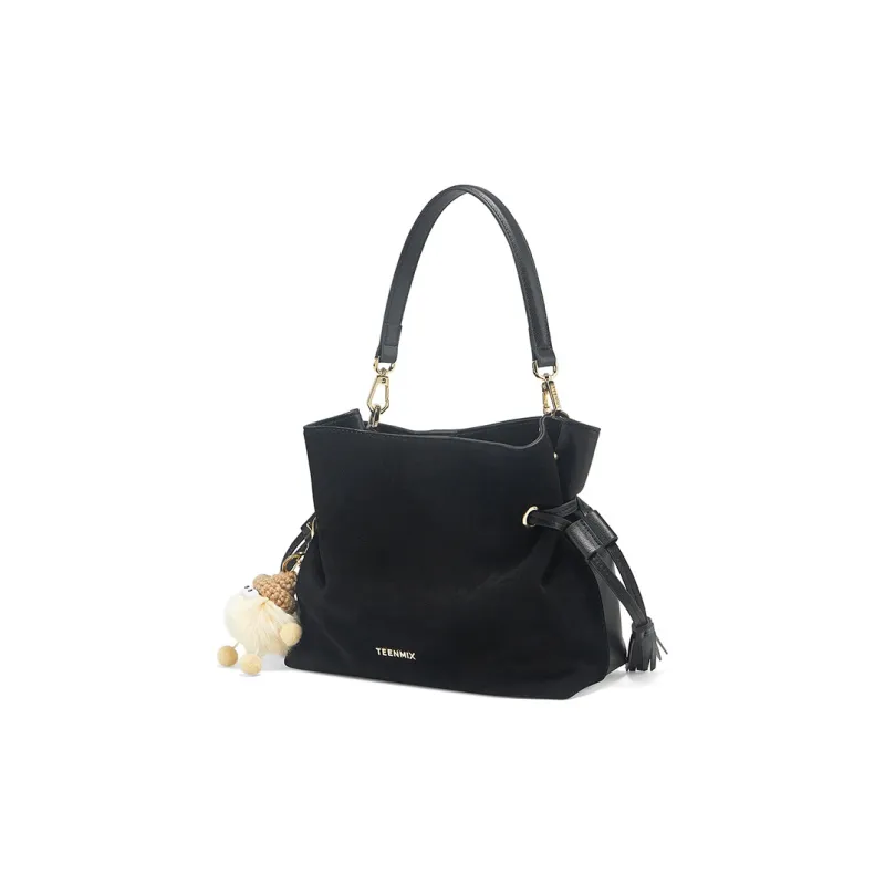 Teenmix Cowhide Split Leather Bucket Bag, Crossbody Bag, Shoulder Bag Medium Size Women's Brown/Black-8