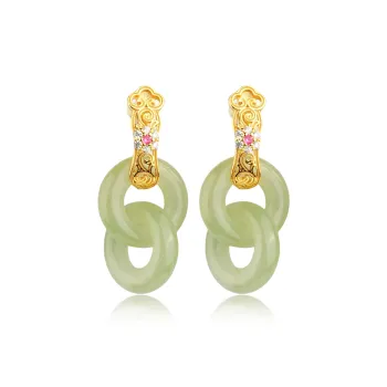CHINA GOLD Earrings Pale Greenish White Jade Women's