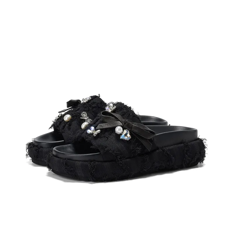 GG CC Fringe Slip Resistant Abrasion Resistant Fashion Slide Slippers Women's Black-1