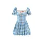 Blue Plaid Puff Sleeve Dress