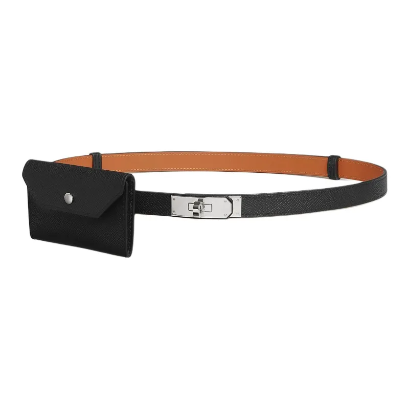 HERMES Calfskin Leather Belts Women's Black Width 1.8CM-0
