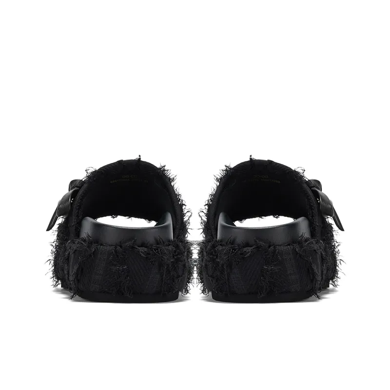 GG CC Fringe Slip Resistant Abrasion Resistant Fashion Slide Slippers Women's Black-3
