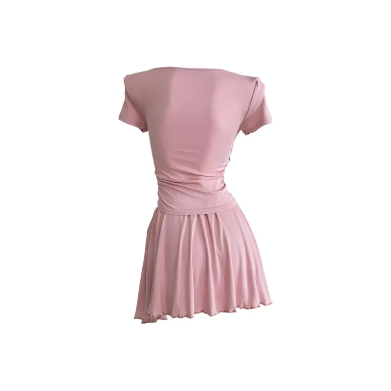GUOZHEN Two Piece Skirt Sets Women's Ballet Pink Top+Skirt-1