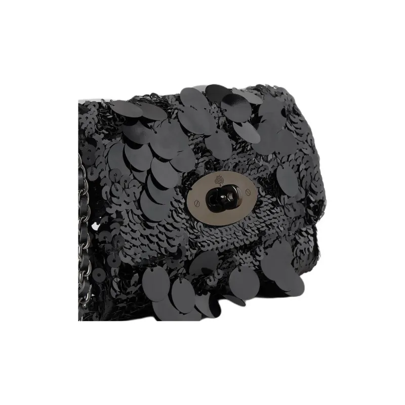Mulberry Lily Sequins With Silk Fabric Crossbody Bag, Shoulder Bag Mini Women's Black-3