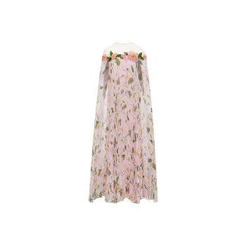 OSCAR DE LA RENTA Painted Poppies-print Pleated Kaftan Maxi Dress