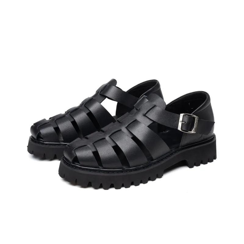 FED Outdoor Breathable Genuine Leather Shoes Versatile Minimalist Style Roman Sandals 4.6cm Men's Black-2